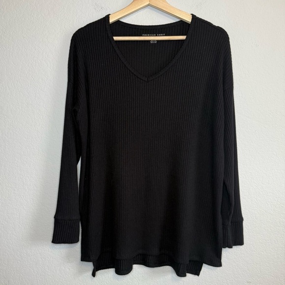 American Eagle Outfitters Tops - American Eagle Black Long Sleeve Super Soft Ribbed V Neck Shirt Top Size Medium